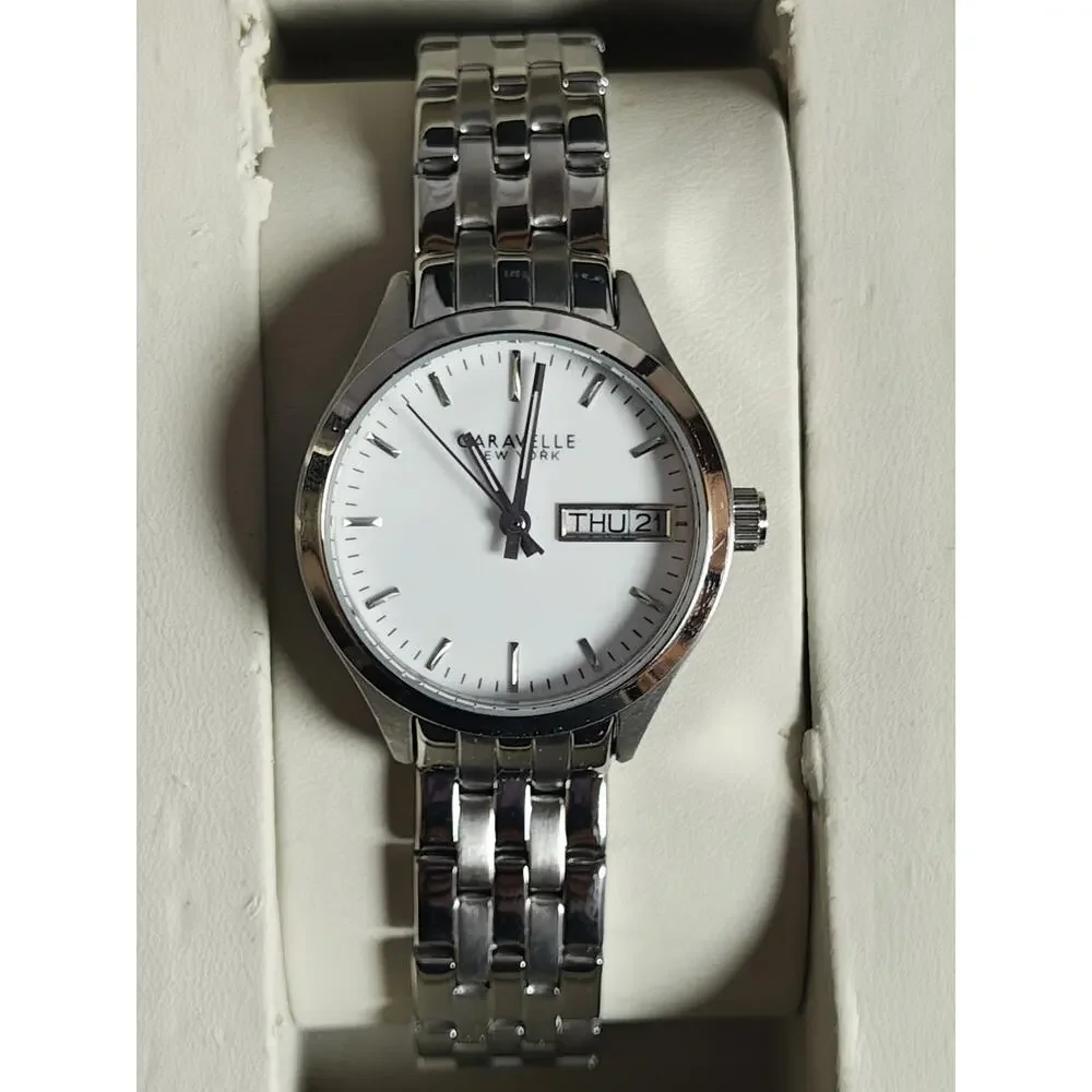 Caravelle by BULOVA 30mm Woman's Corporate Day / Date White Dial Watch NWB
